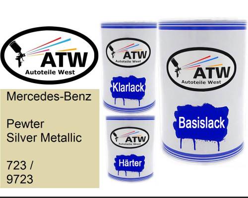 Mercedes-Benz, Pewter Silver Metallic, 723 / 9723: 500ml Lackdose + 500ml Klarlack + 250ml Härter - Set, von ATW Autoteile West.